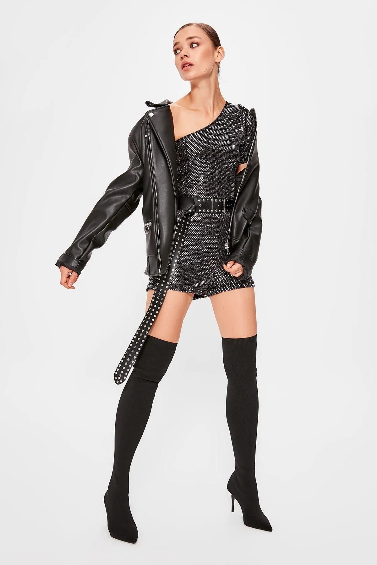 16192 Black-Silver One Shoulder Shorts Jumpsuit