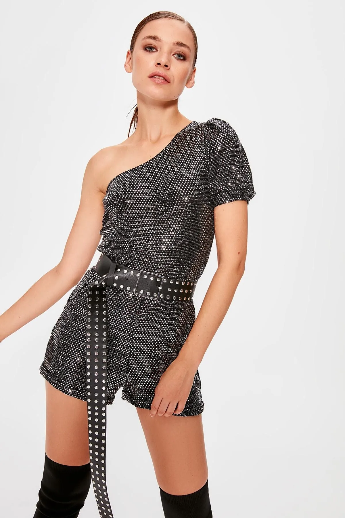 16192 Black-Silver One Shoulder Shorts Jumpsuit