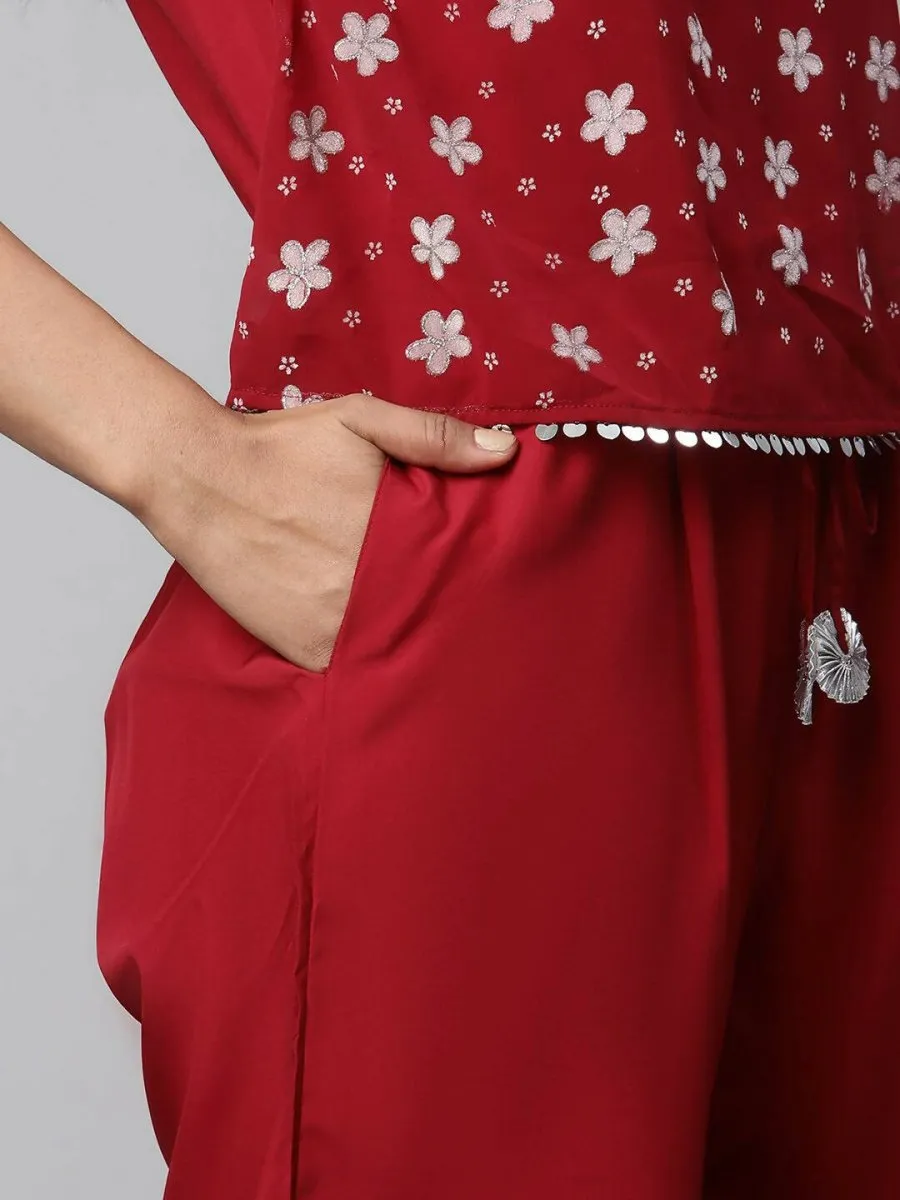 Ahalyaa Womens Maroon Chiffon Printed Jumpsuit