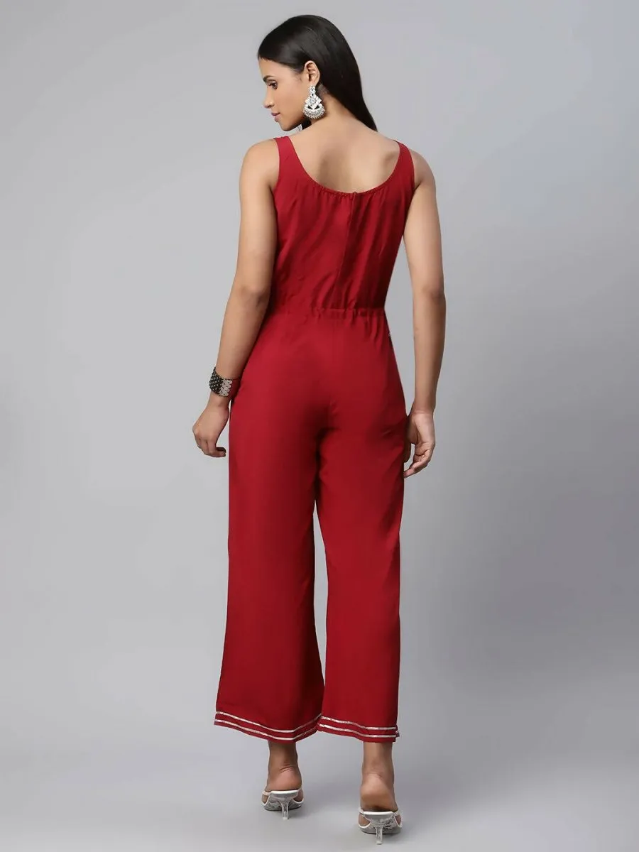 Ahalyaa Womens Maroon Chiffon Printed Jumpsuit