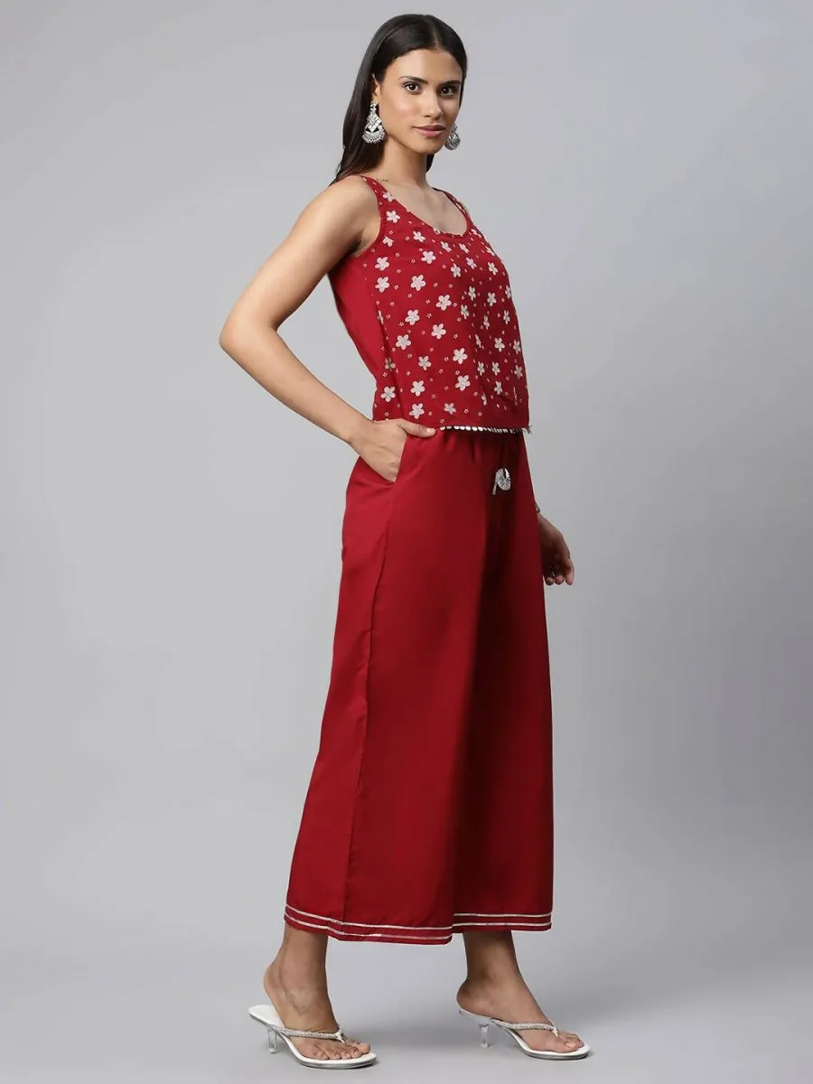 Ahalyaa Womens Maroon Chiffon Printed Jumpsuit