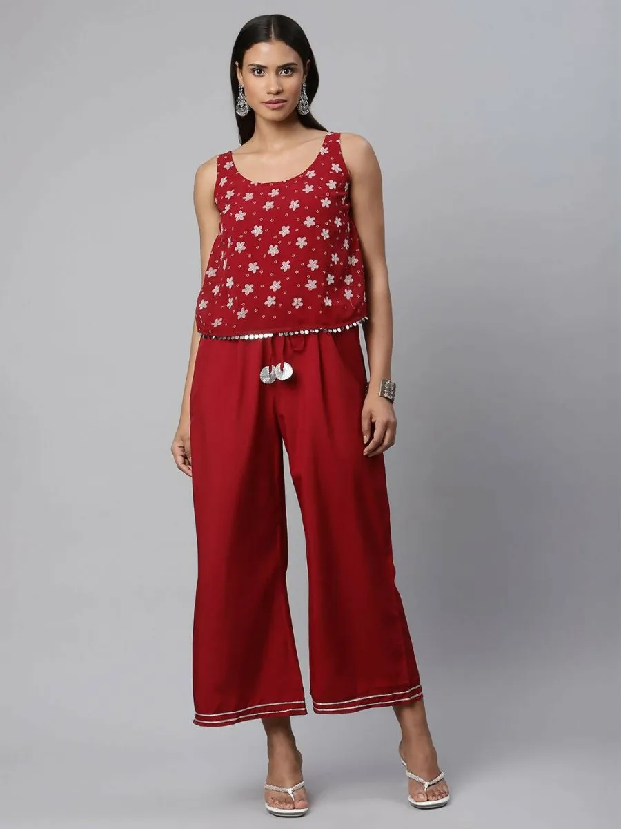 Ahalyaa Womens Maroon Chiffon Printed Jumpsuit