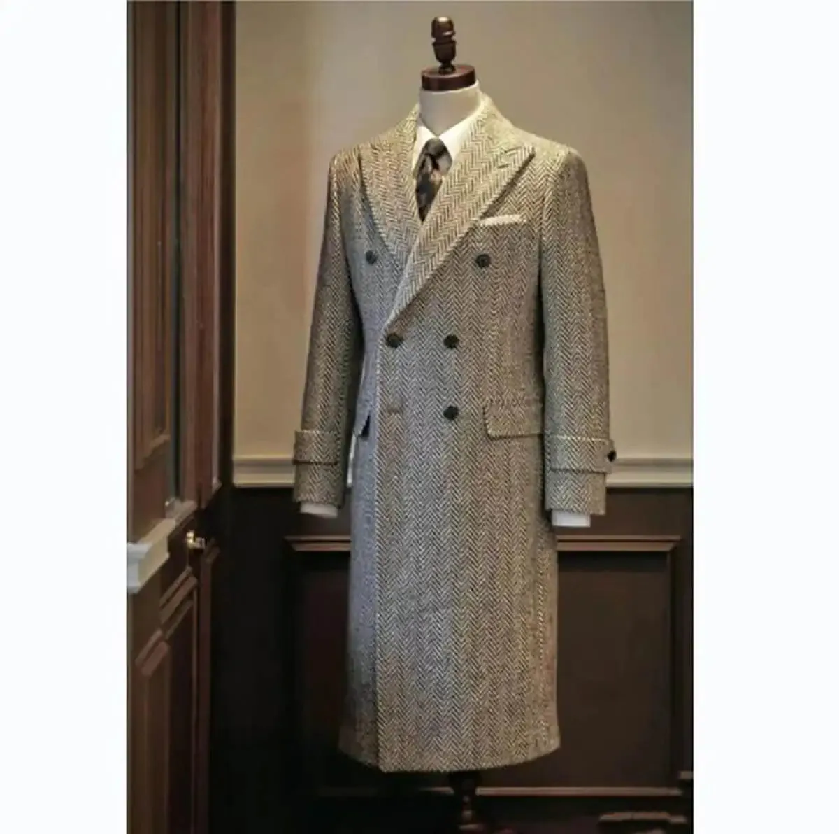 Aidase winter outfits men Herringbone Men Overcoat Double Breasted Woolen Winter Long Jacket Smart Casual Winter Fashion England Warm Jacket Custom Made