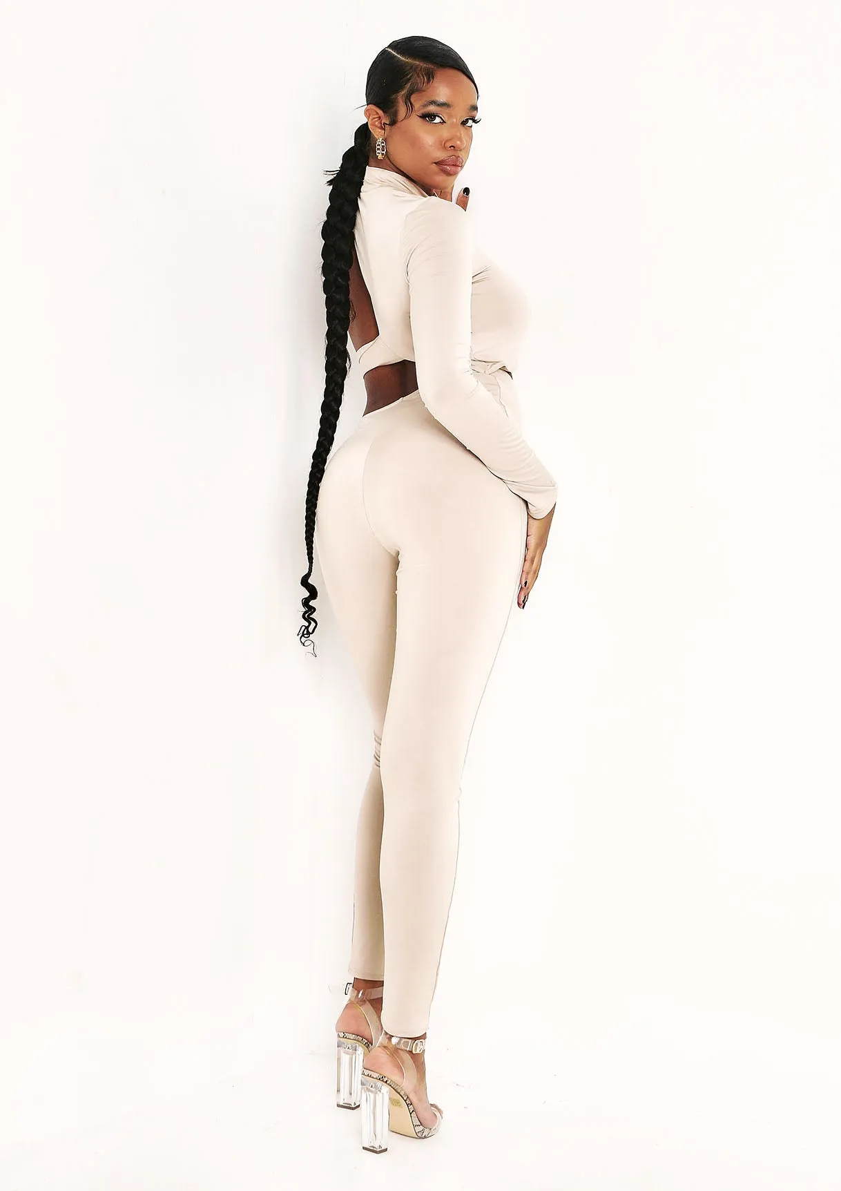 Amber Beige Double Layer Cut Out One Sleeve Jumpsuit