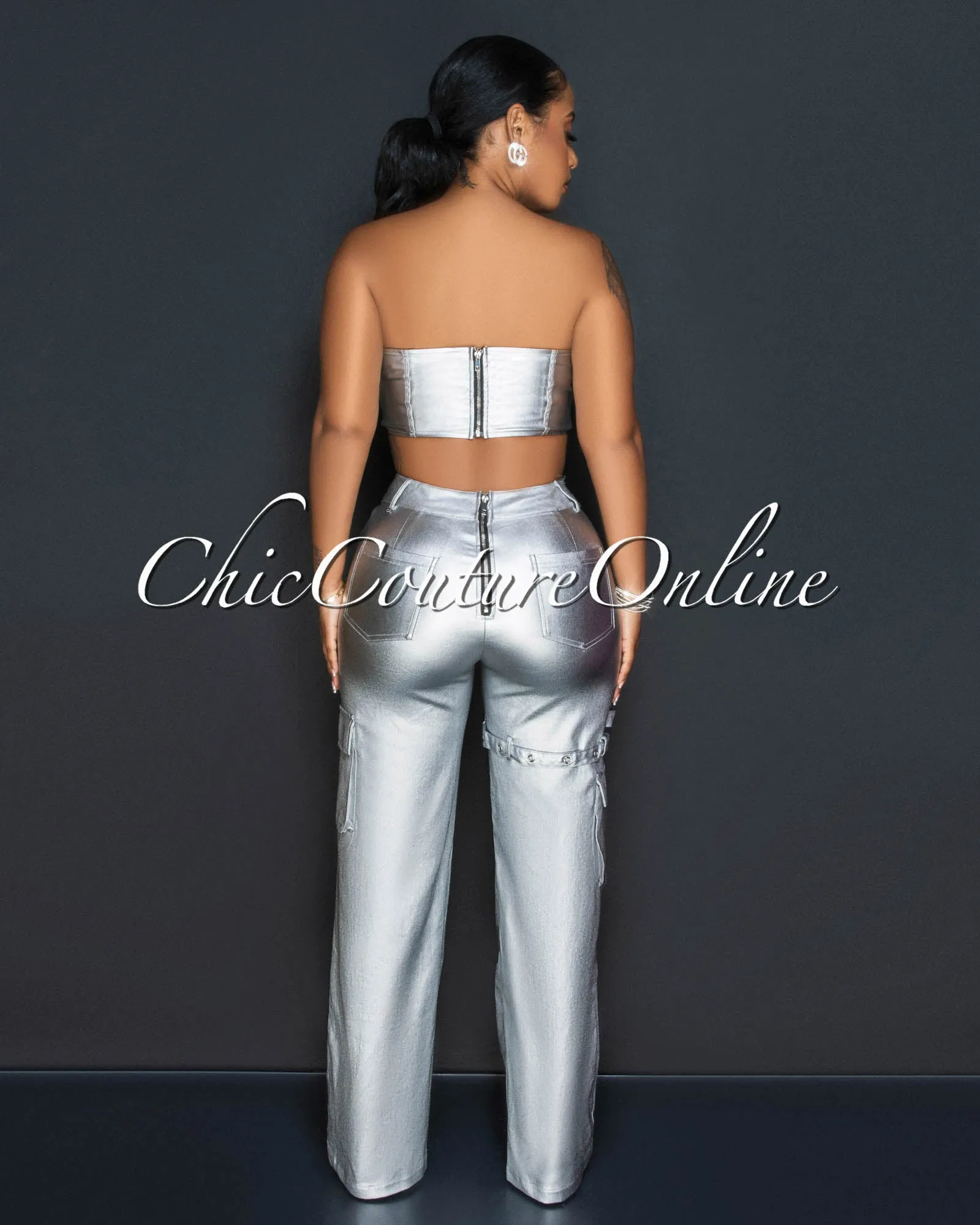 Angie Silver Corset Cut-Out Cargo Metallic Jumpsuit