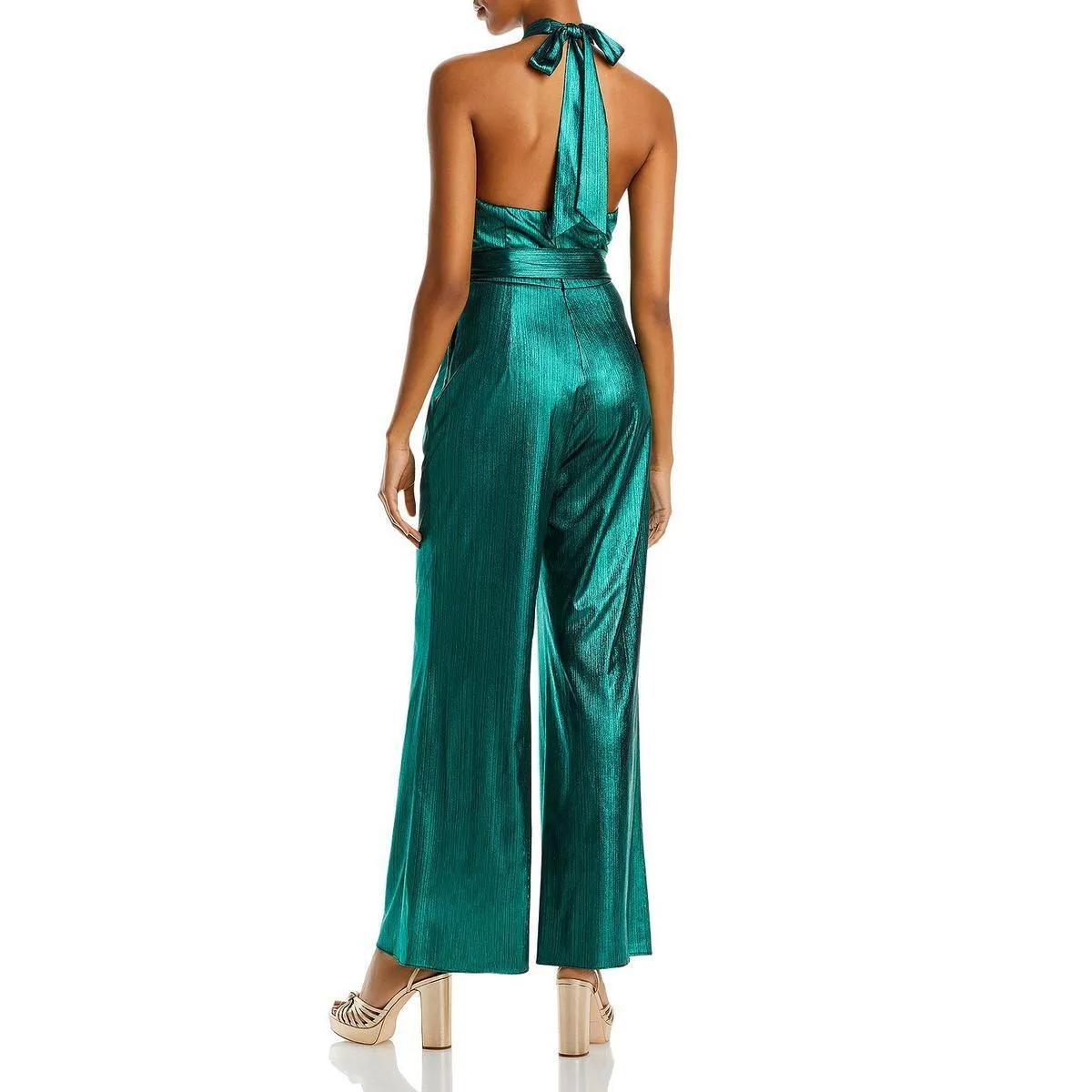 AQUA Metallic Lamé Halter Jumpsuit
