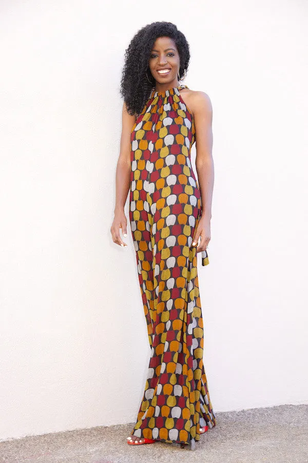Bear Shoulder High Neck Print Wide Legs Loose Long Jumpsuit