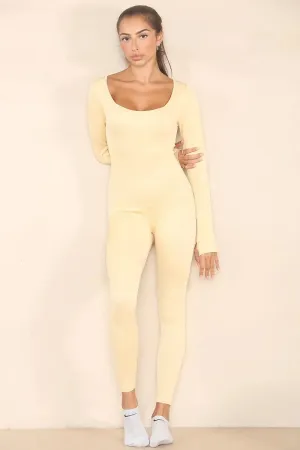 Beige Seamless U Neck Long Sleeve Shaping Jumpsuit