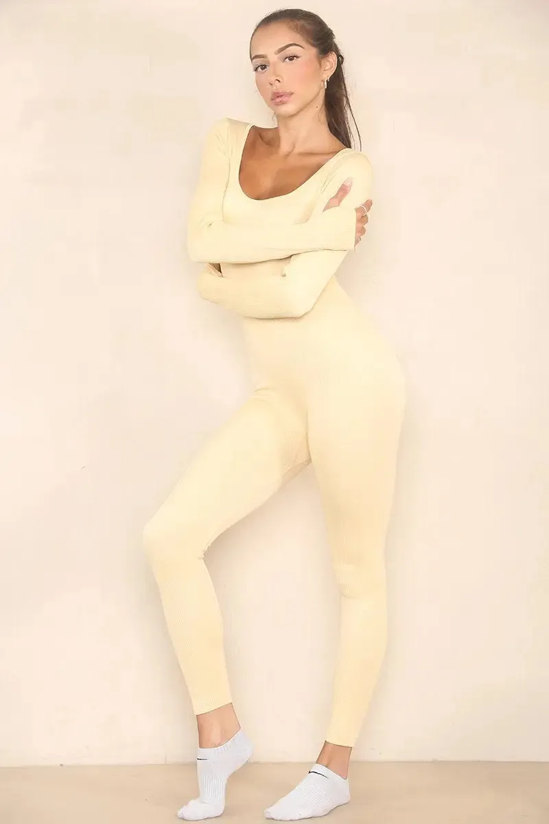 Beige Seamless U Neck Long Sleeve Shaping Jumpsuit