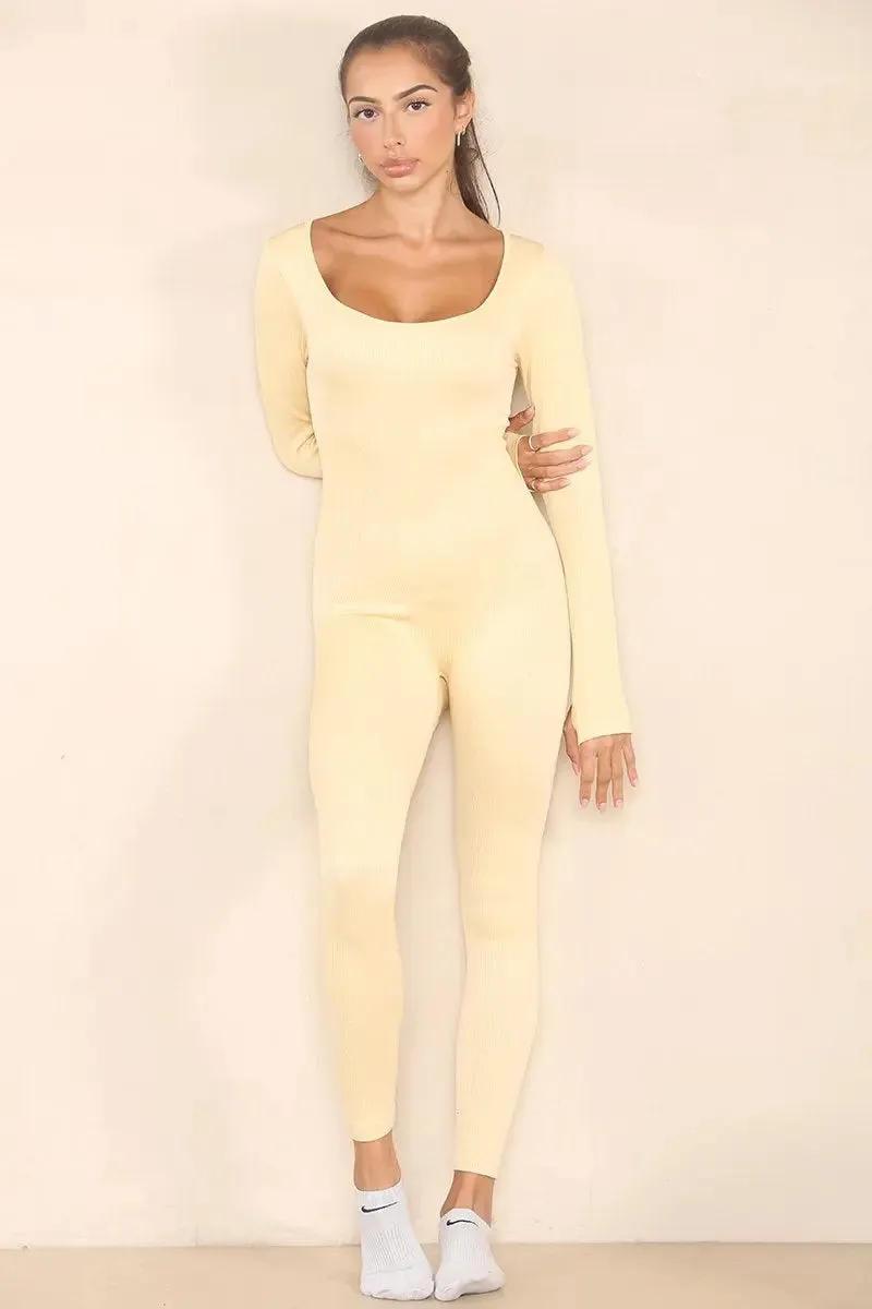 Beige Seamless U Neck Long Sleeve Shaping Jumpsuit