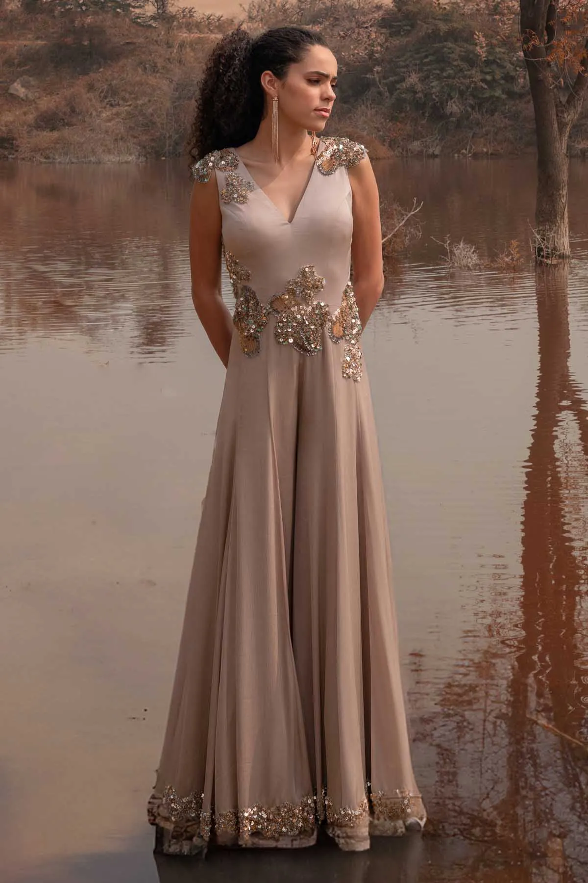 Beige Sleeveless Flared Jumpsuit