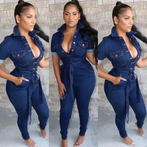 Belt Skinny Denim Jumpsuits