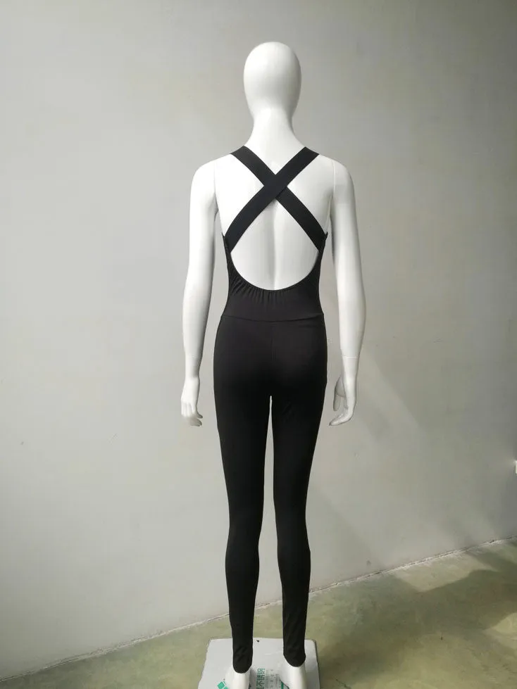 Black Deep V-neck Cross Back Long Sports Jumpsuit