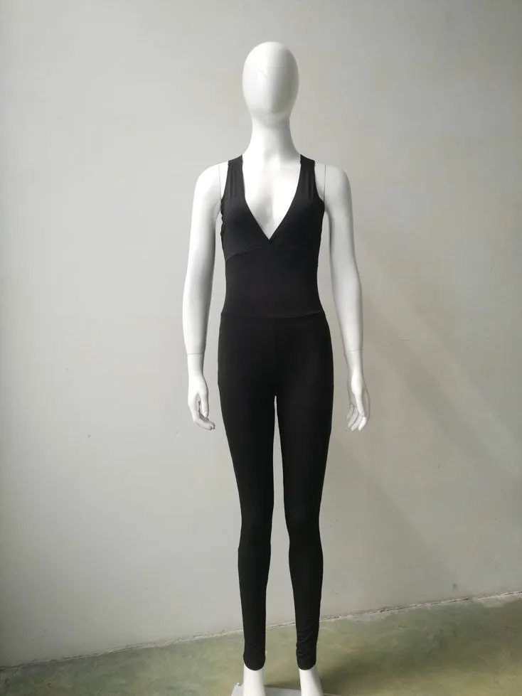 Black Deep V-neck Cross Back Long Sports Jumpsuit