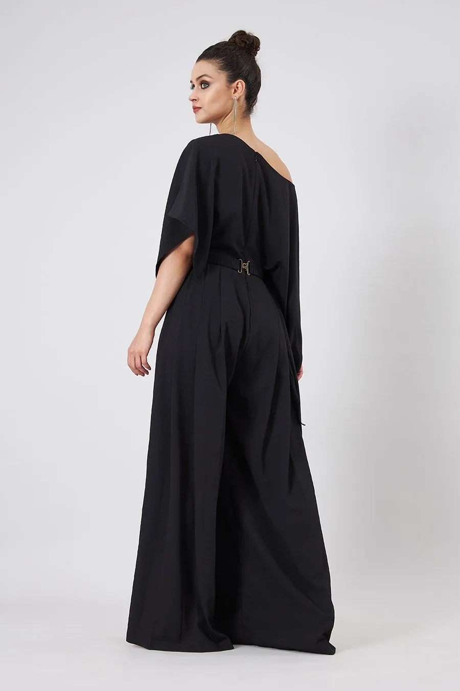 Black Draped Jumpsuit With Embellished Belt