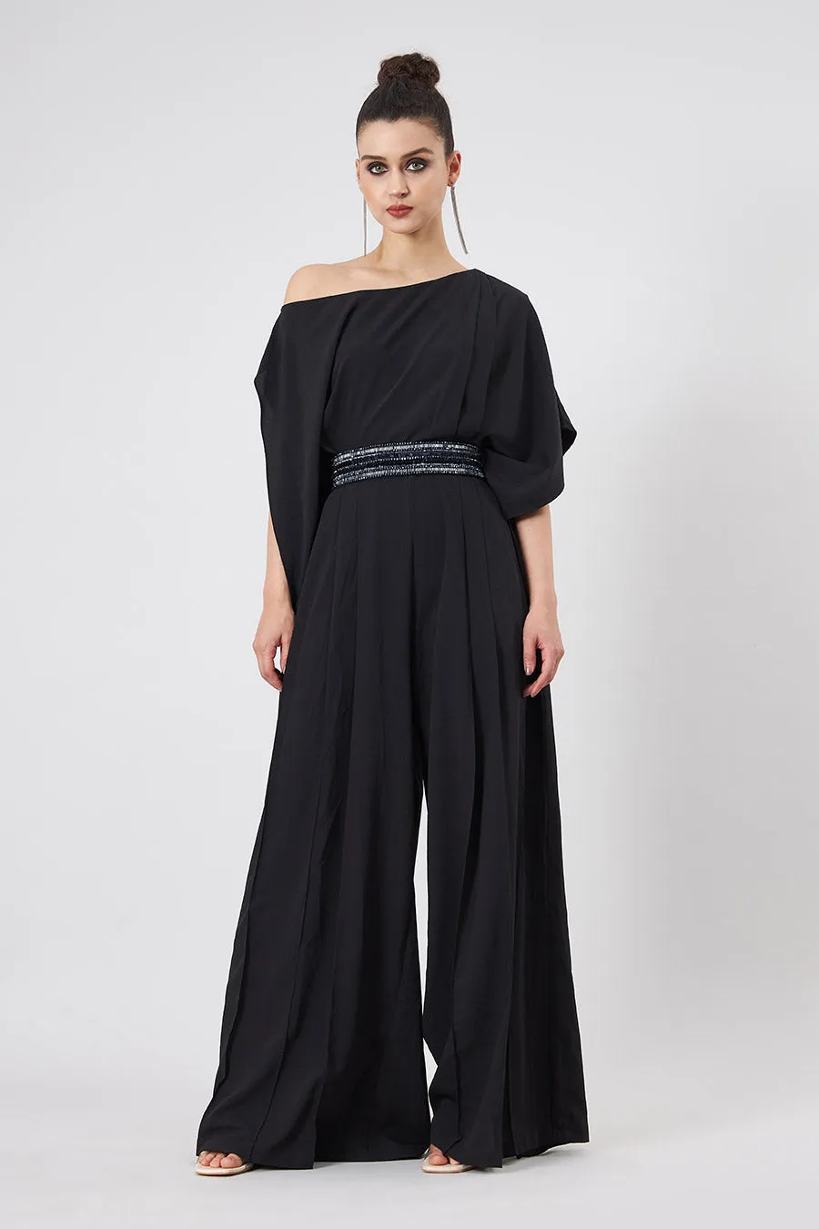 Black Draped Jumpsuit With Embellished Belt
