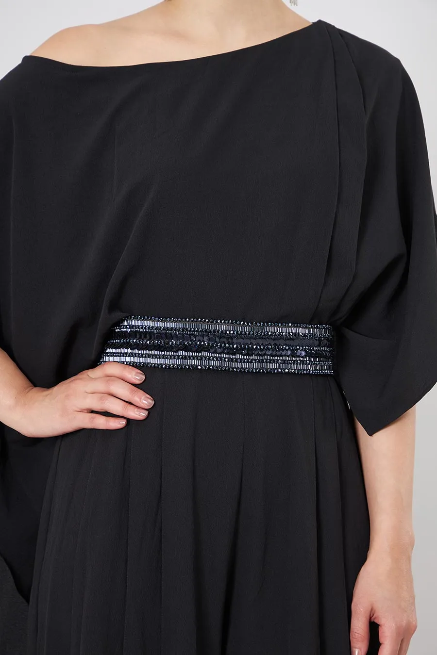 Black Draped Jumpsuit With Embellished Belt