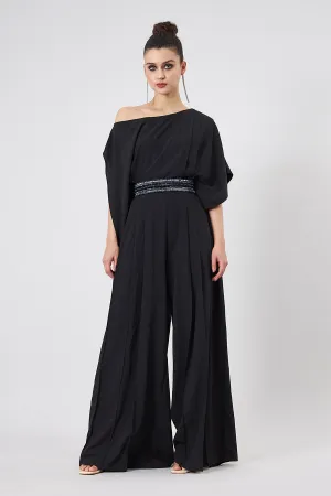 Black Draped Jumpsuit With Embellished Belt