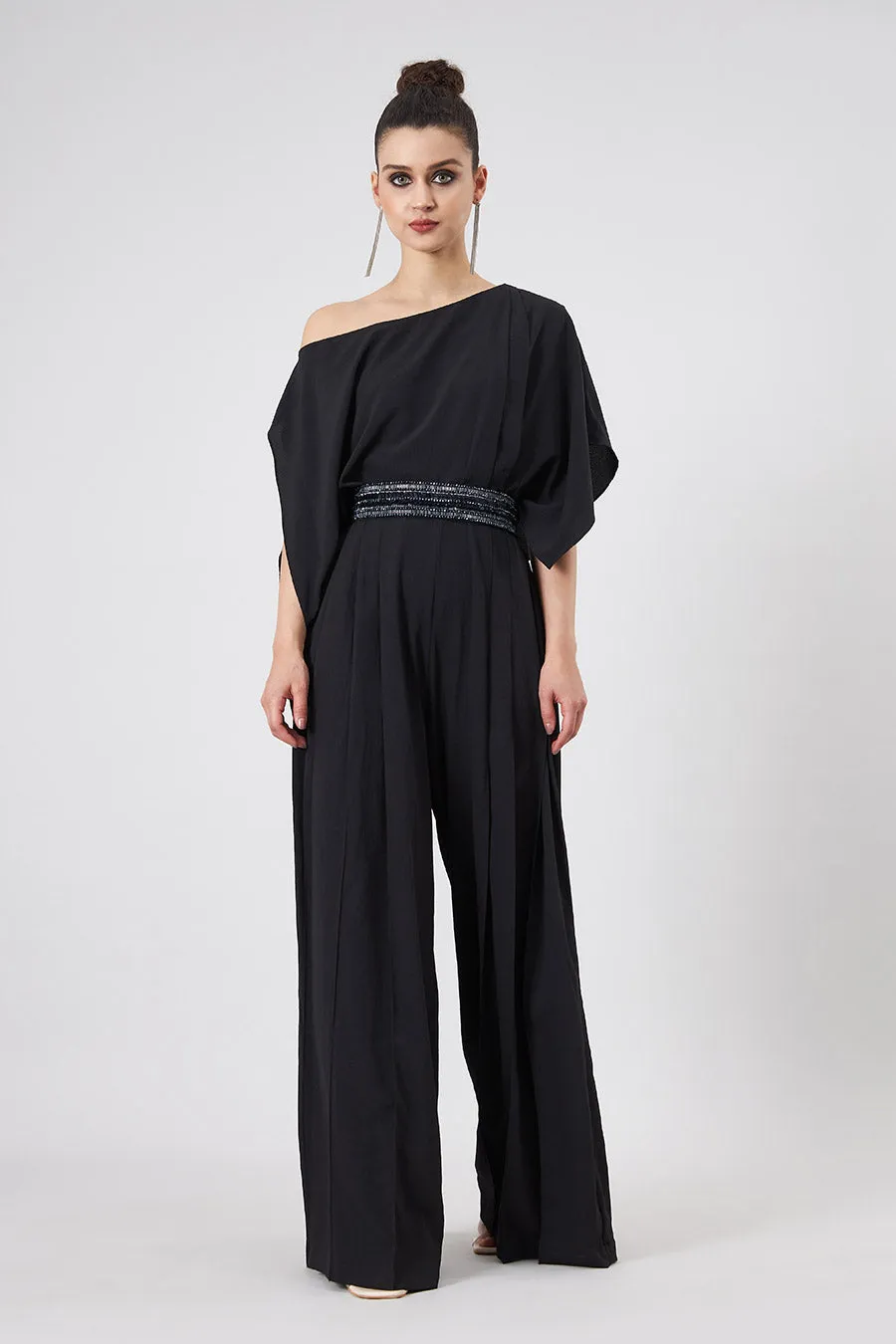 Black Draped Jumpsuit With Embellished Belt