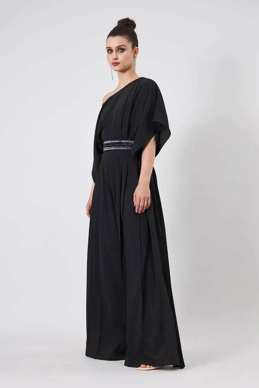 Black Draped Jumpsuit With Embellished Belt