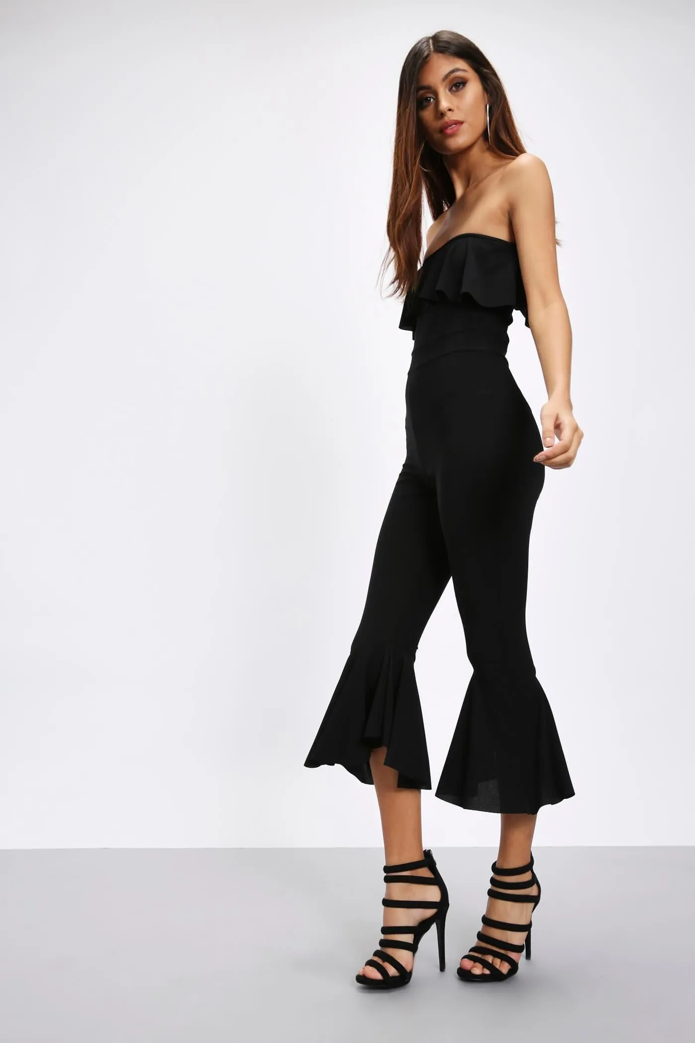 Black Frill Bandeau And Cuff Jumpsuit