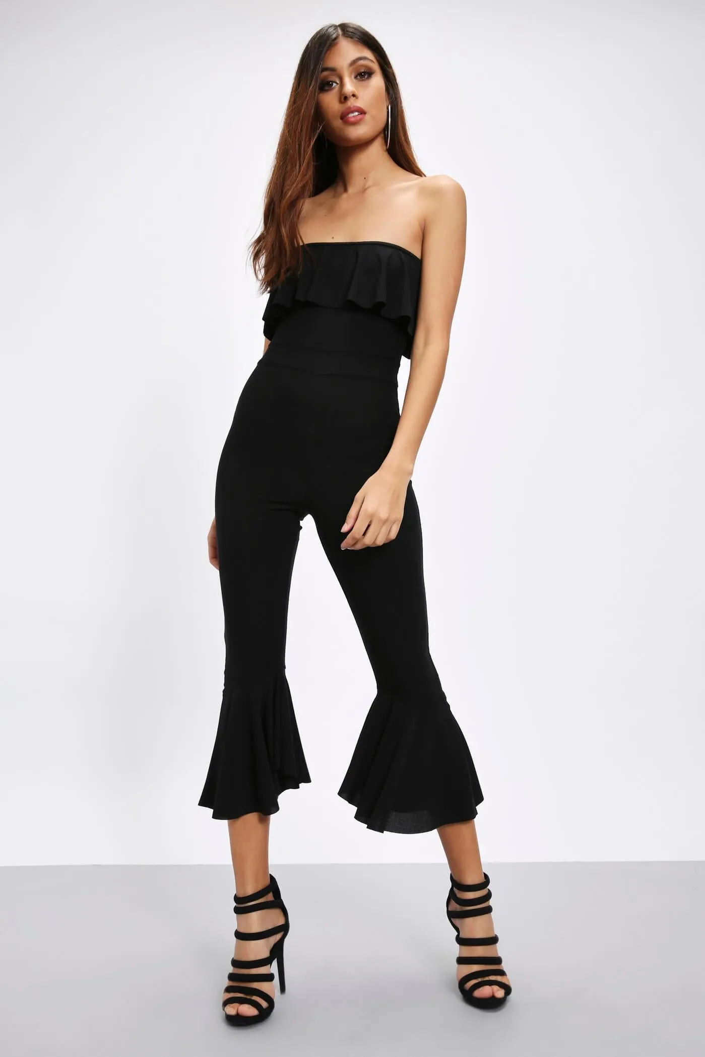 Black Frill Bandeau And Cuff Jumpsuit