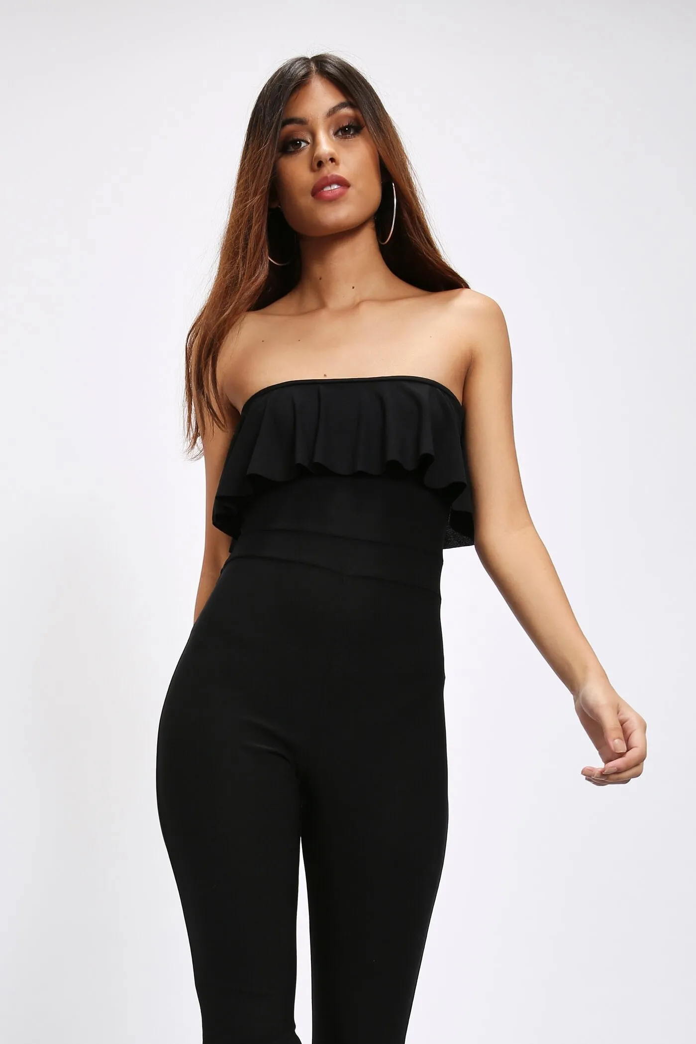 Black Frill Bandeau And Cuff Jumpsuit