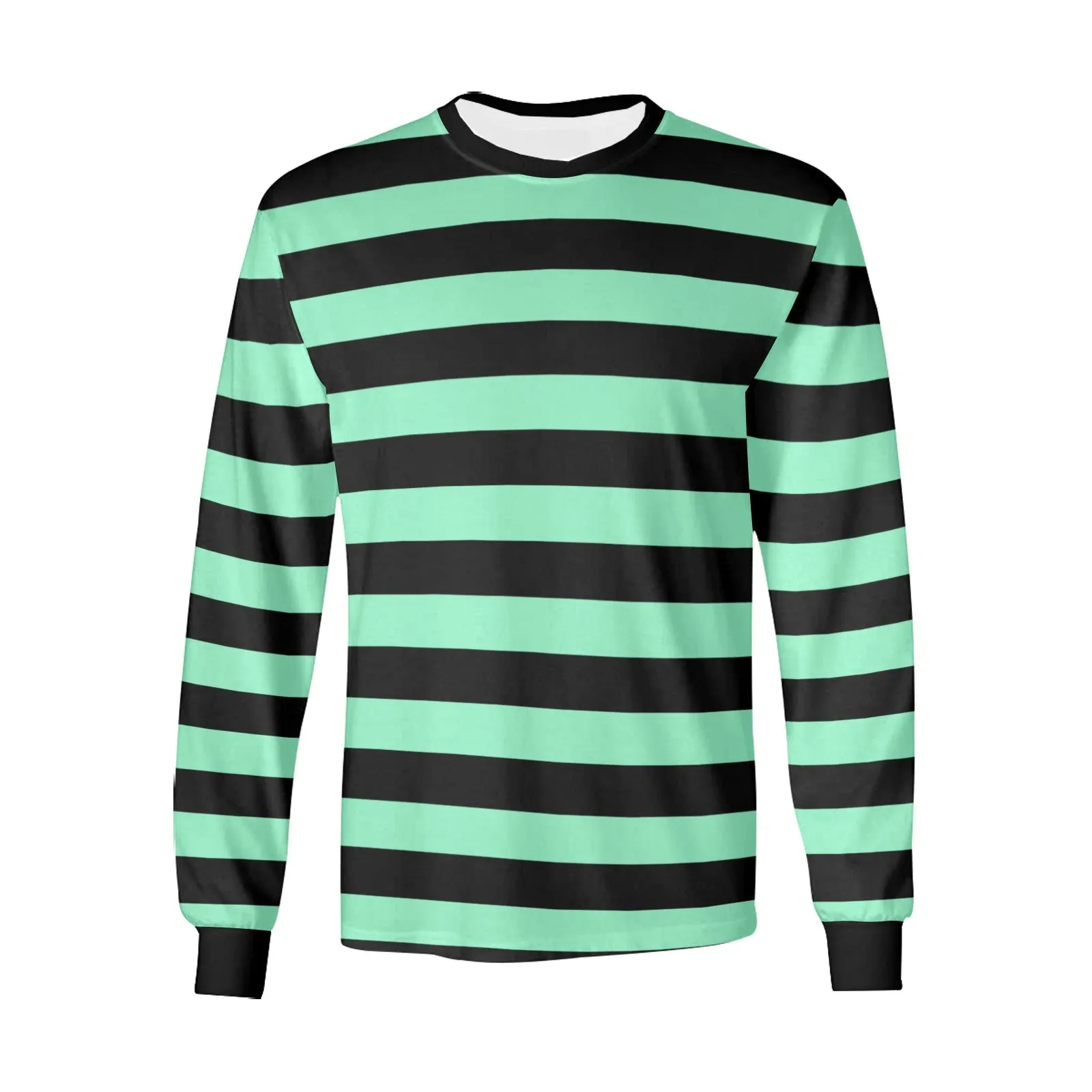 Black Green Men Long Sleeve Striped TShirt, Graphic Vintage Retro Broad Stripes Crewneck Unisex Women Designer Tee