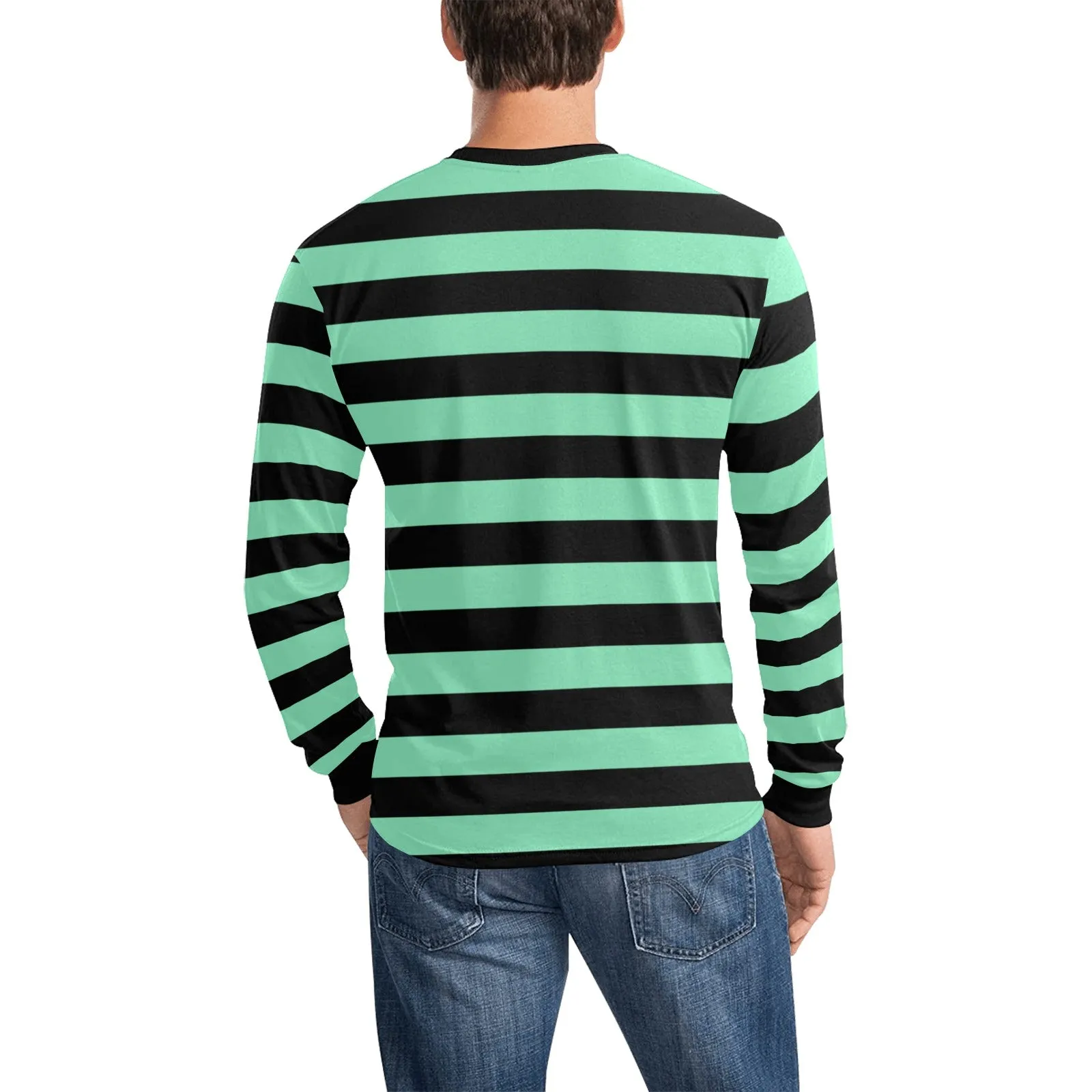 Black Green Men Long Sleeve Striped TShirt, Graphic Vintage Retro Broad Stripes Crewneck Unisex Women Designer Tee