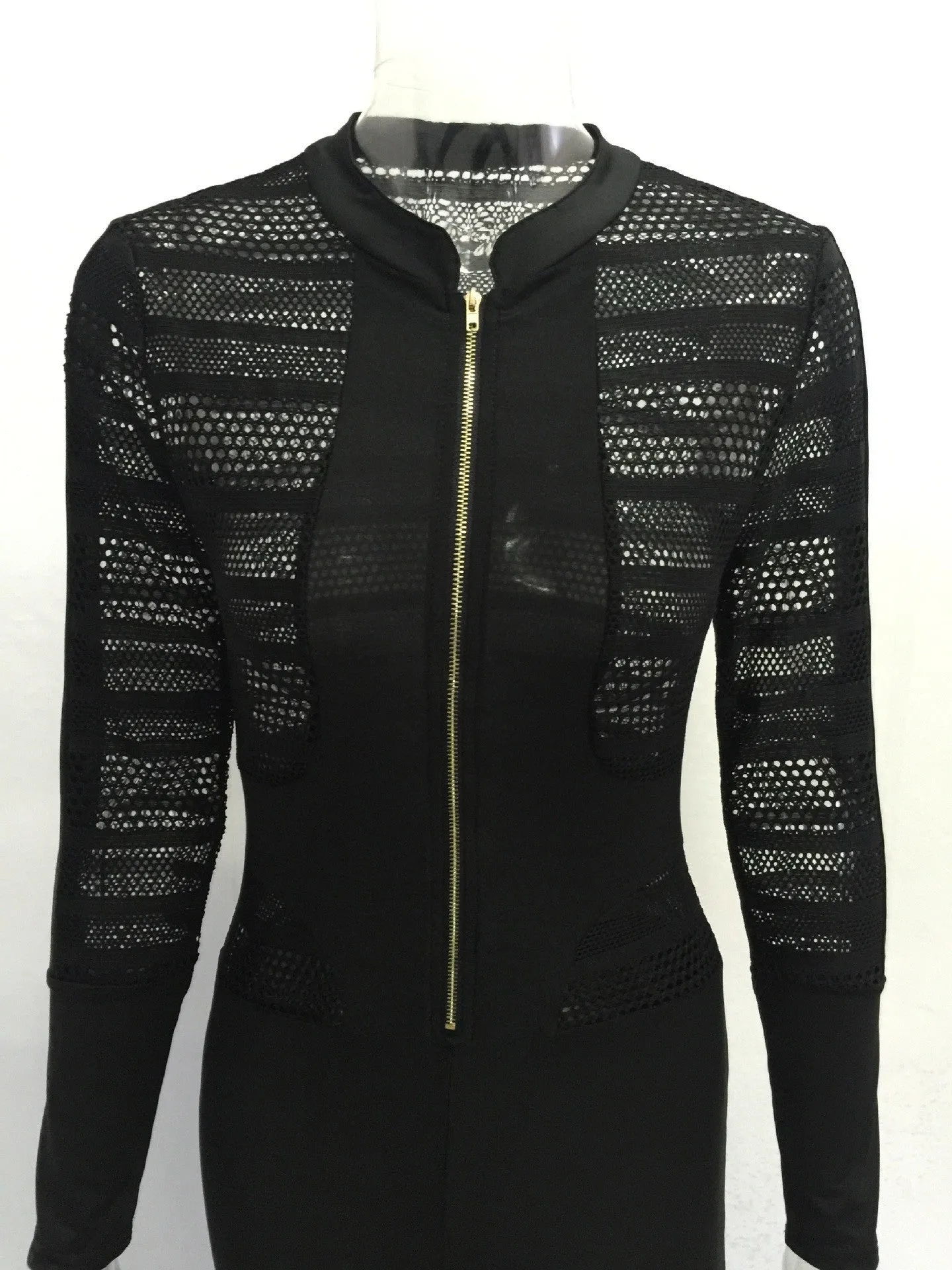 Black Hollow Out Zipper Long Sleeve Slim Long Jumpsuit