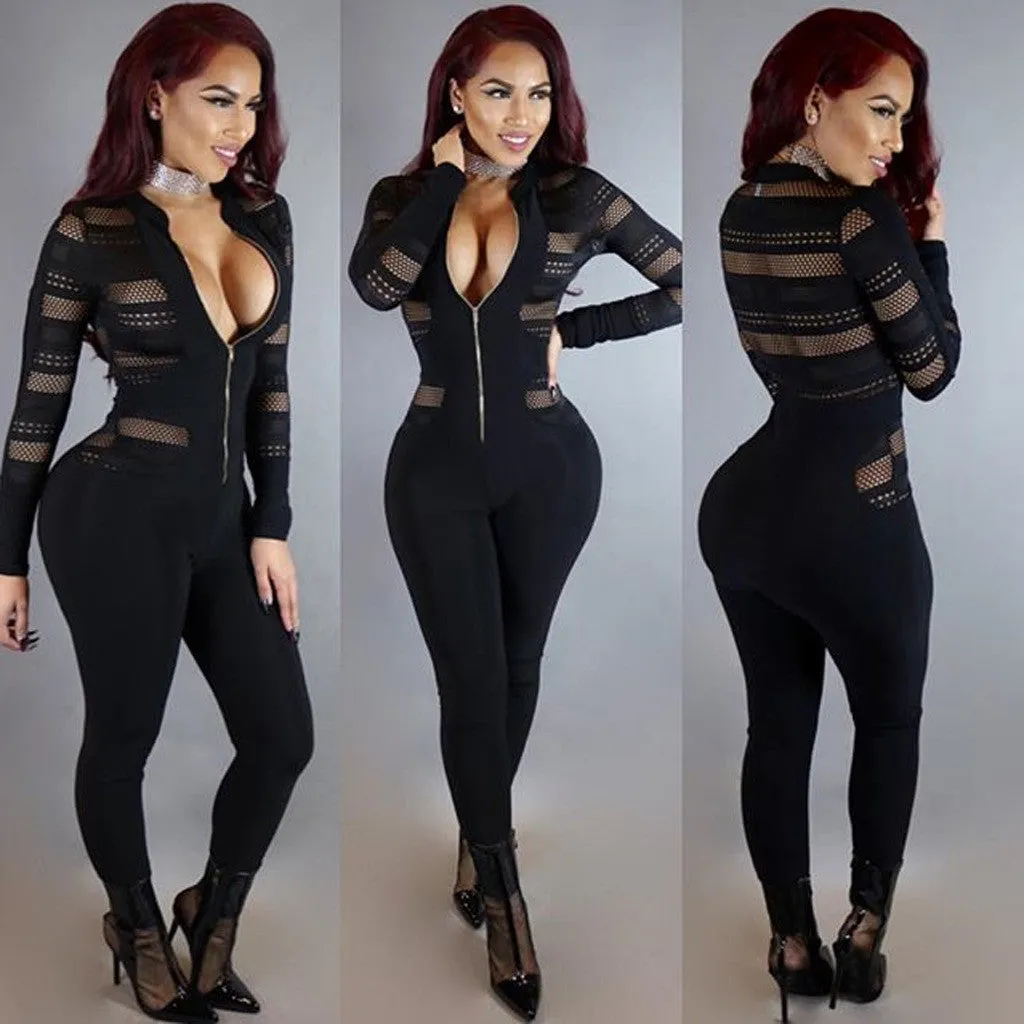 Black Hollow Out Zipper Long Sleeve Slim Long Jumpsuit