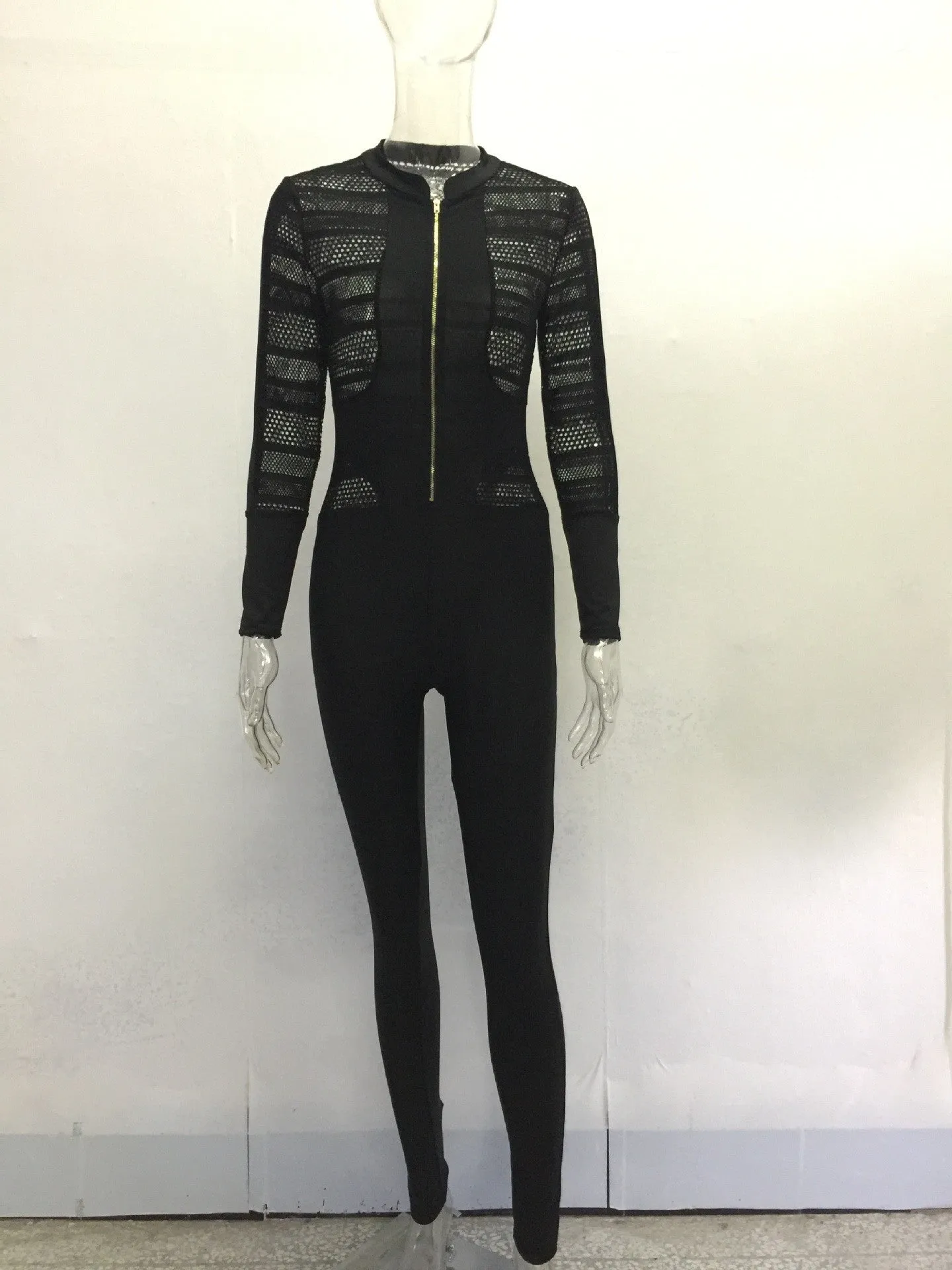 Black Hollow Out Zipper Long Sleeve Slim Long Jumpsuit