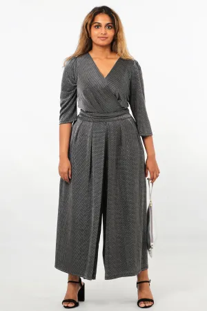 Black Silver Glitter Retro Print Wide Leg Jumpsuit