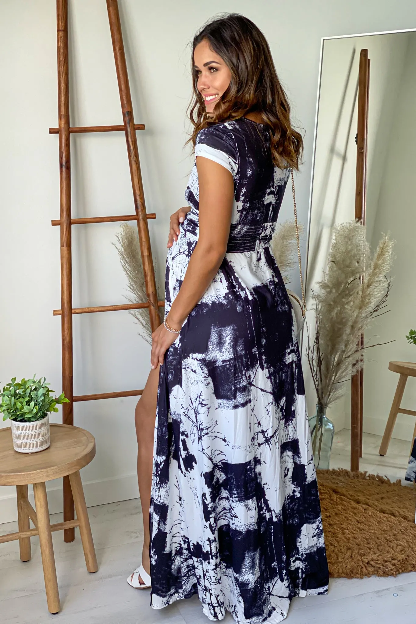Black Tie Dye Maternity Maxi Dress with Slit