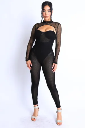 Black Women's Mesh Crop Jumpsuit Set