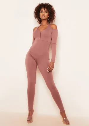 Bonnie Mocha Halterneck Cut Out Long Sleeve Zip Up Jumpsuit