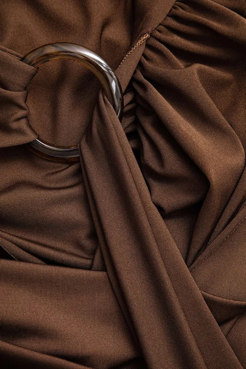 Brown Long Sleeve Wrap Jumpsuit