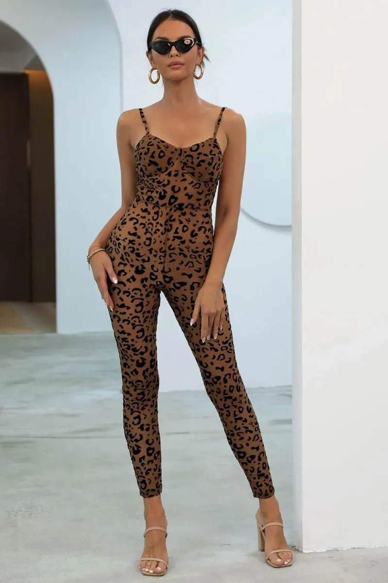 Brown See Through Mesh Leopard Print Velvet Jumpsuit