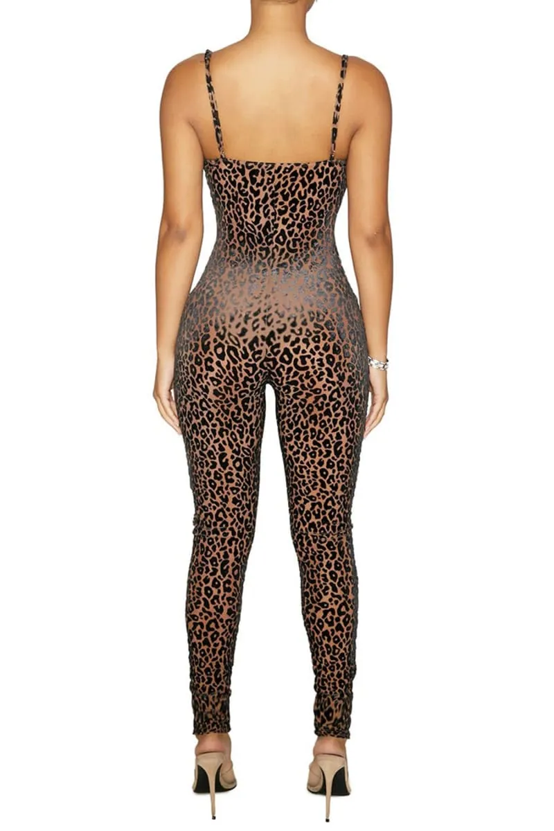 Brown See Through Mesh Leopard Print Velvet Jumpsuit