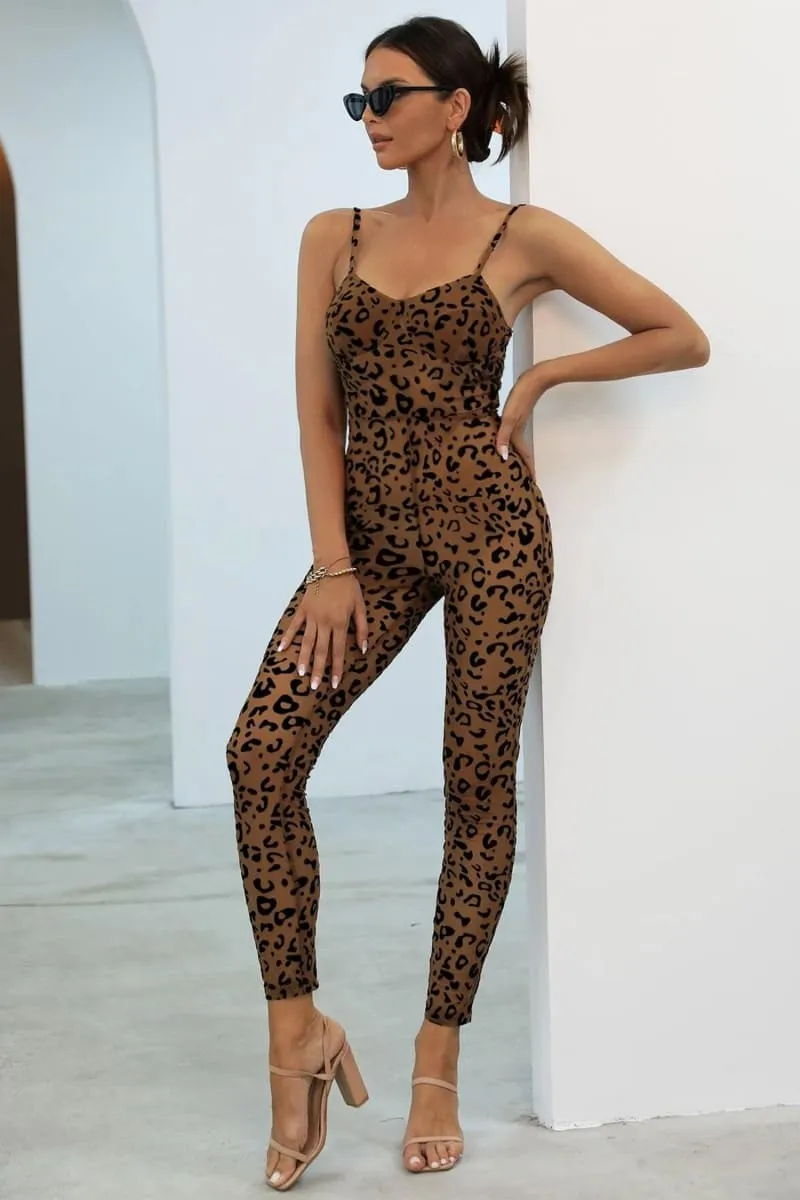 Brown See Through Mesh Leopard Print Velvet Jumpsuit