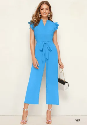 Captivating Blue Pleated Cap Sleeve Solid Jumpsuit