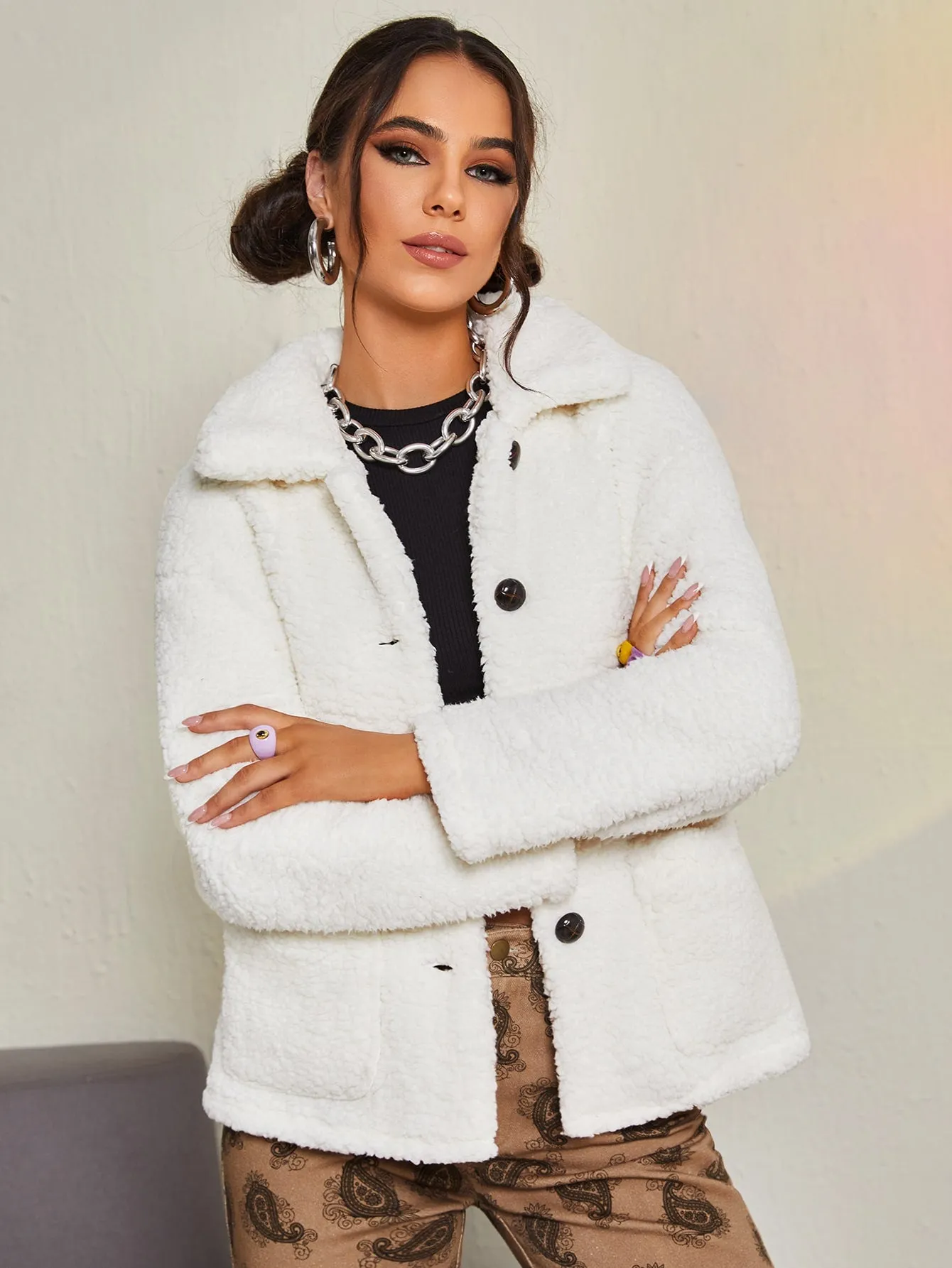 Casual Plain Button Front Long Sleeve Collar Regular Womens Coat