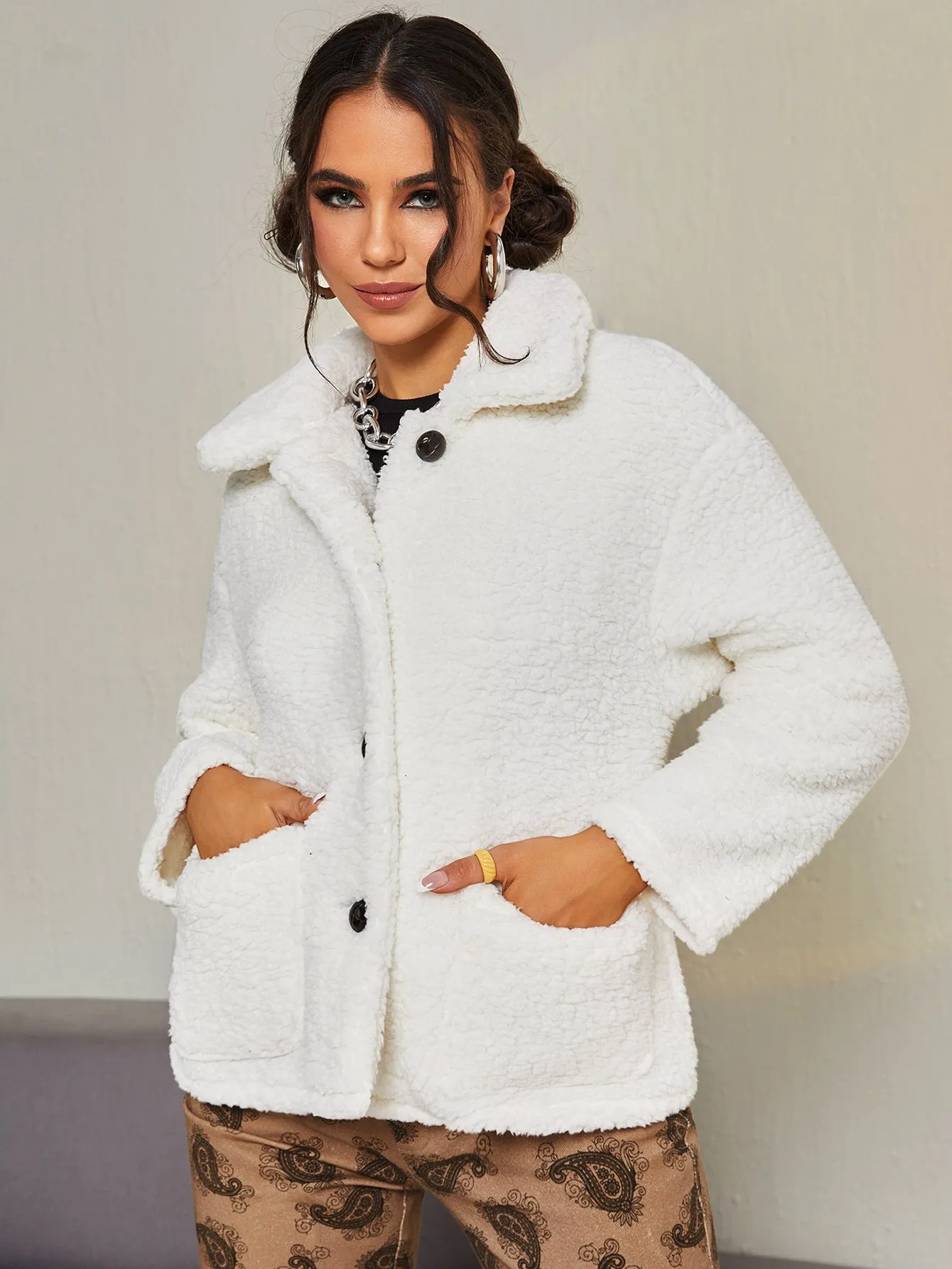 Casual Plain Button Front Long Sleeve Collar Regular Womens Coat