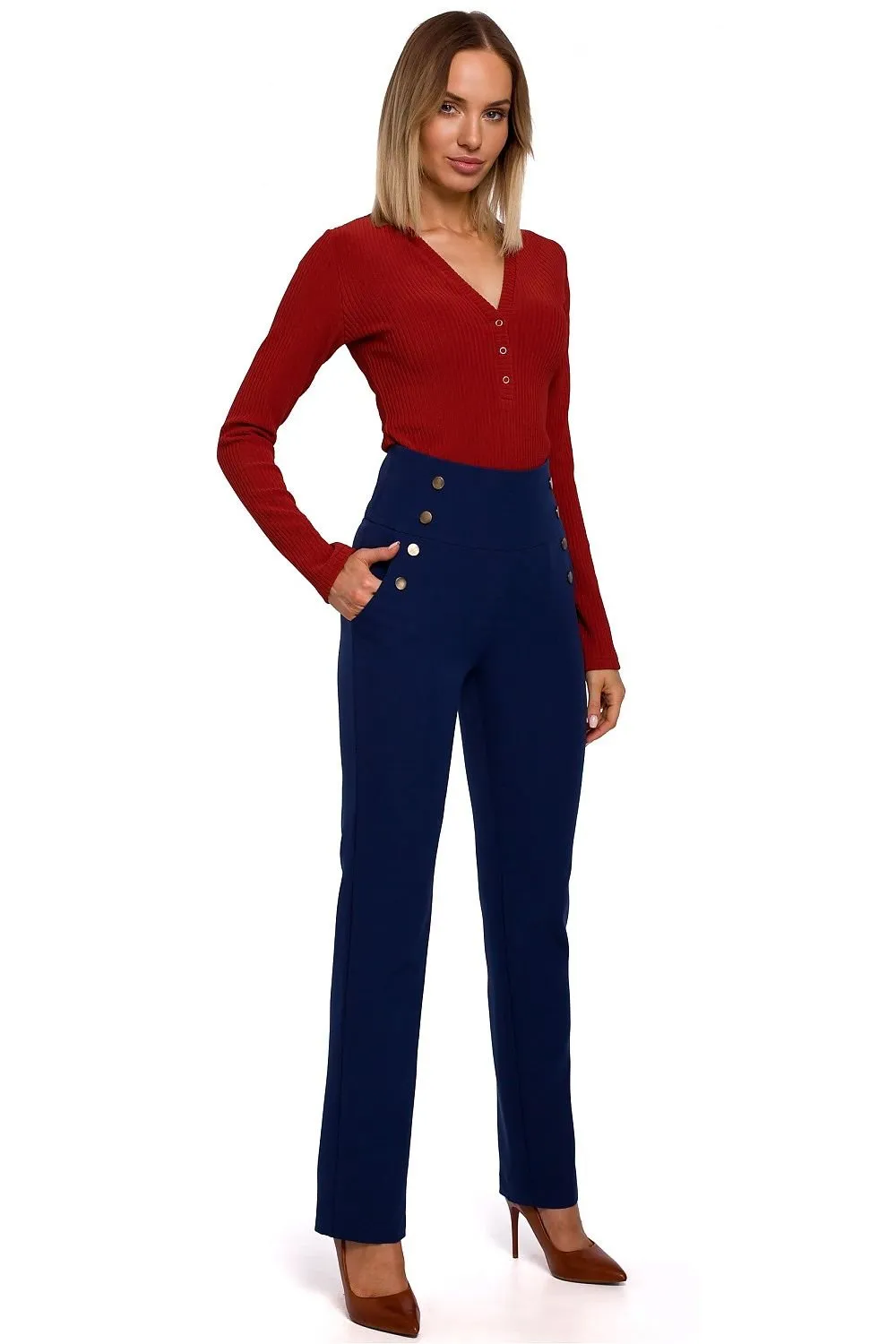 Chic High-Waisted Women's Trousers with Stylish Decorative Press-Studs