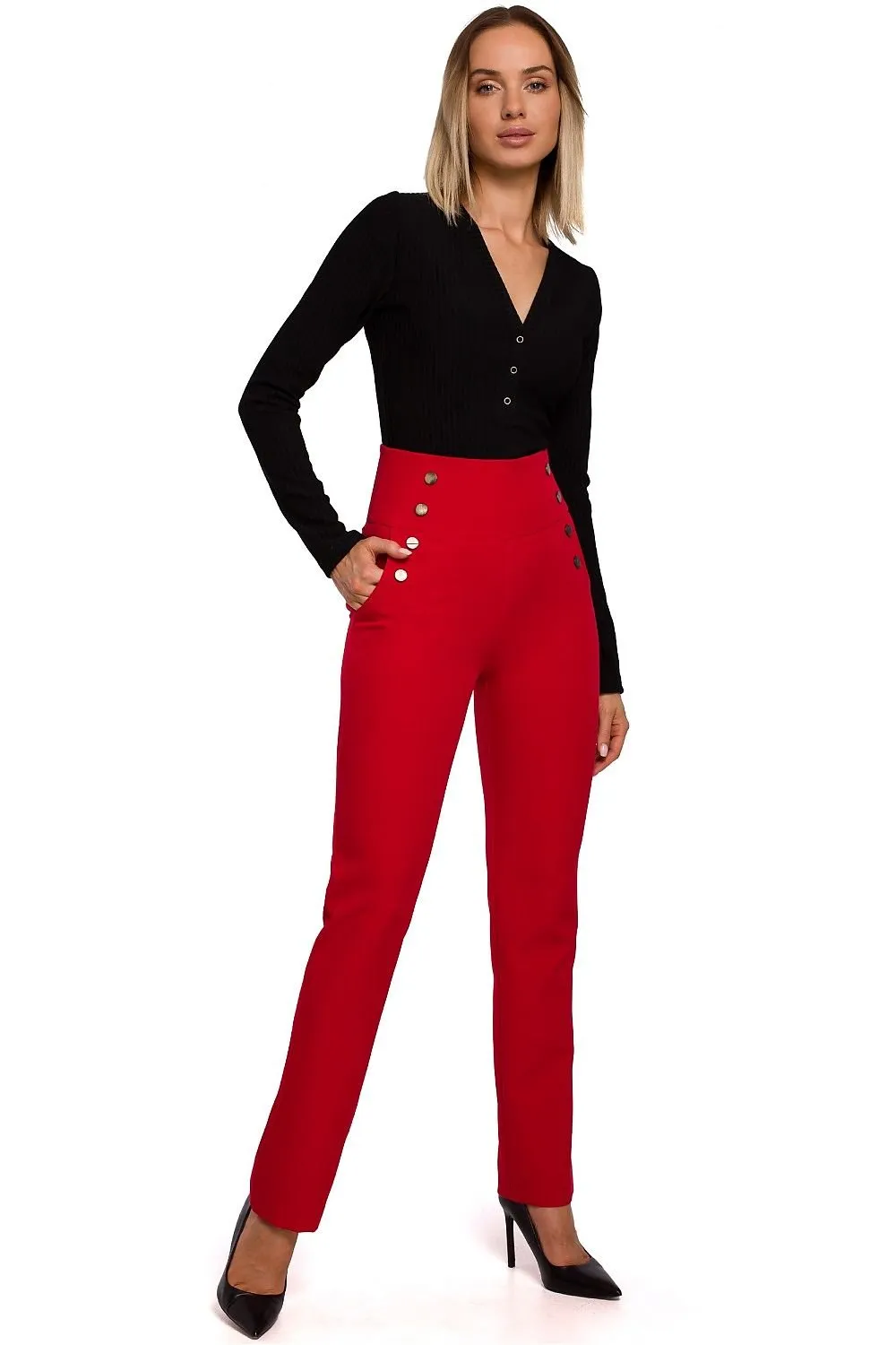 Chic High-Waisted Women's Trousers with Stylish Decorative Press-Studs