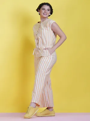 Cotton Yellow Stripe Buttoned Front Jumpsuit