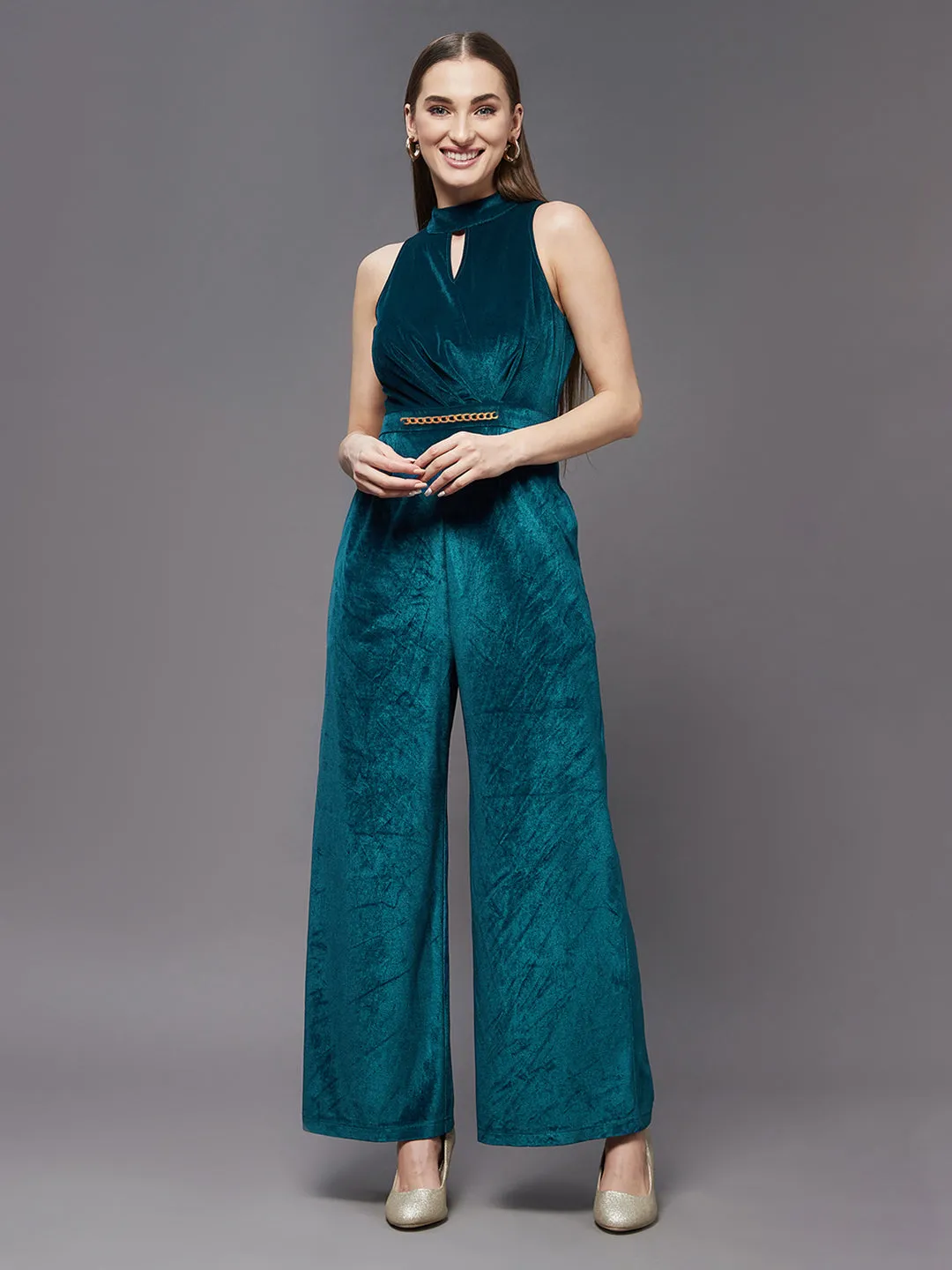Crease Ease Women's Teal Choker Neck Sleeveless Solid Pleated Regular Jumpsuit
