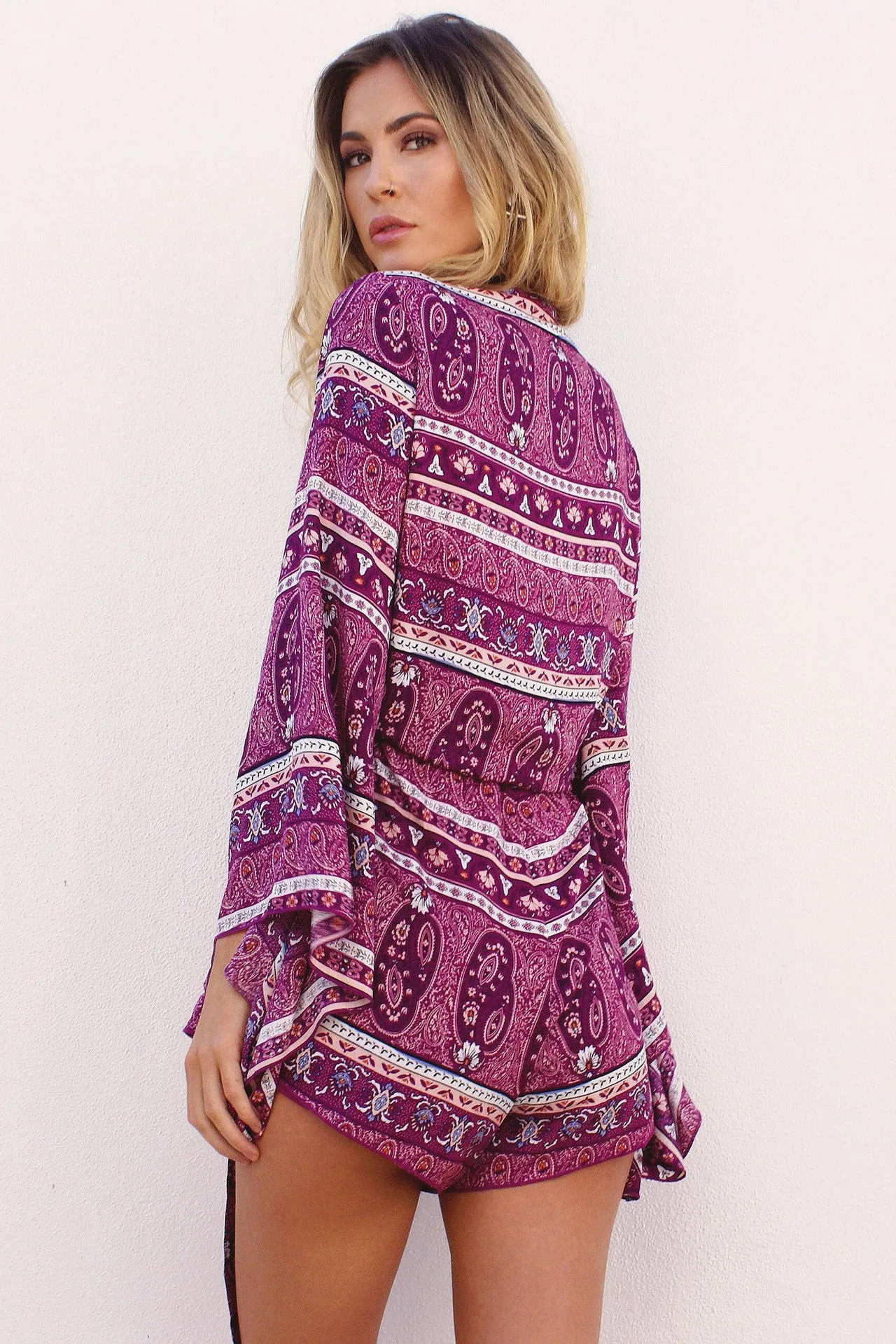 Deep V-neck Loose Print Long Sleeves Romper