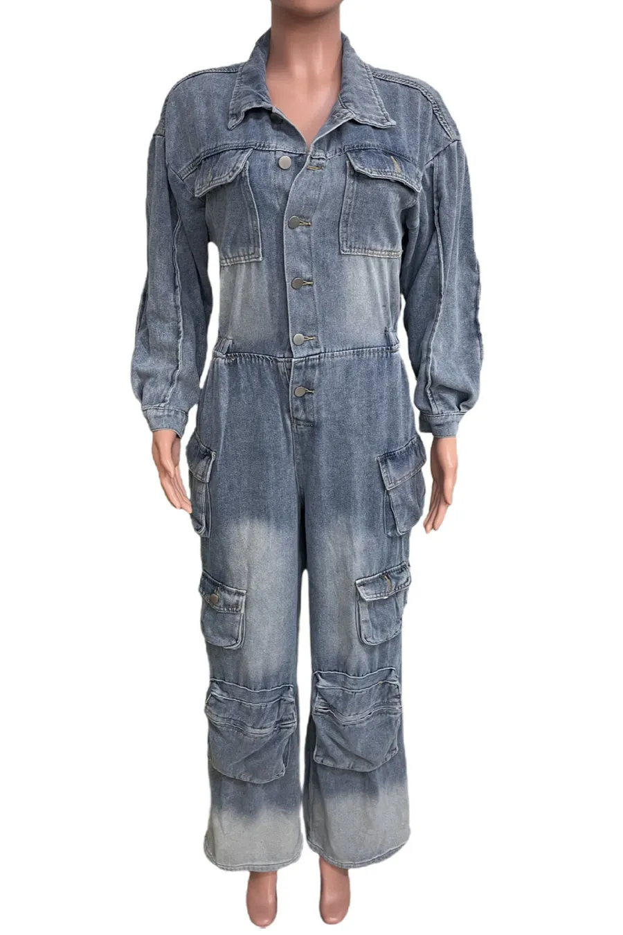 Denim Cargo Ruffle Sleeve Jumpsuit (Belt not included)