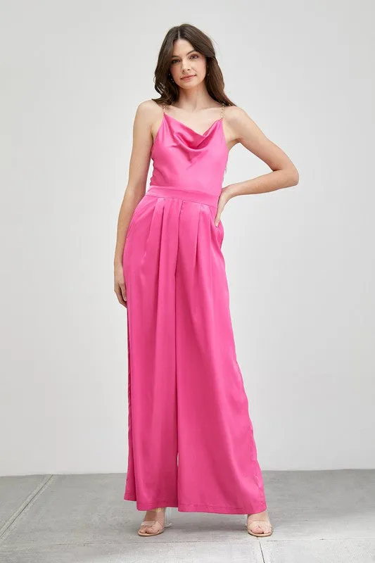 Draped Taupe Cowl Neck Trim Detail Jumpsuit